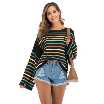 

women sweater striped printed rainbow Xmas fashion pullover long sleeve o neck autumn winter warm fashion chic top female clothi