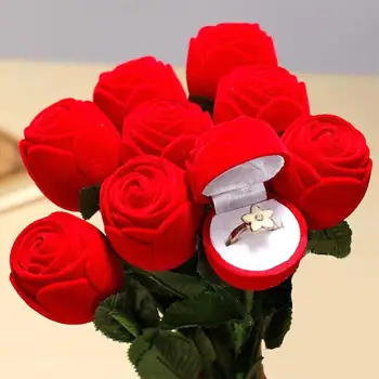 

Valentine's Day Romantic Artificial Flower Red Rose head Jewelry Box Wedding Ring Gift Case Earrings Storage Display Holder