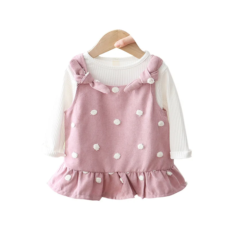 

WLG spring autumn girls dresses kids fake two dot pattern yellow purple dress baby girl cute all match clothes