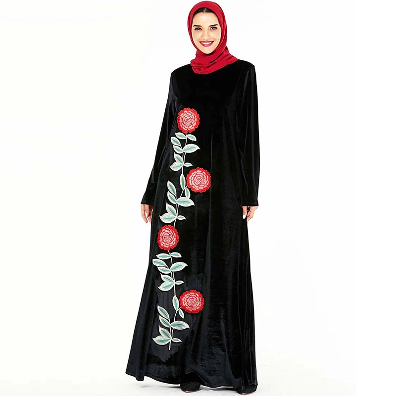 Черное цветочное бархатное мусульманское платье Abaya Дубай мусульманская одежда