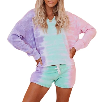 

Autumn Women Tie Dye Pajama Set Cute Hooded Pajama Long Sleeves And Short Pants Home Clothe