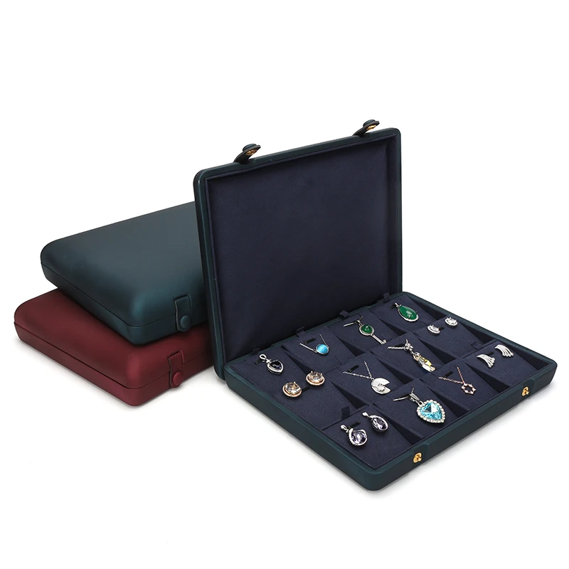 New Listing 12 Cells Retro Red Concealed Button PU Leather Jewelry Ring Pendant Display Tray For Organizer Holder Rack Stand