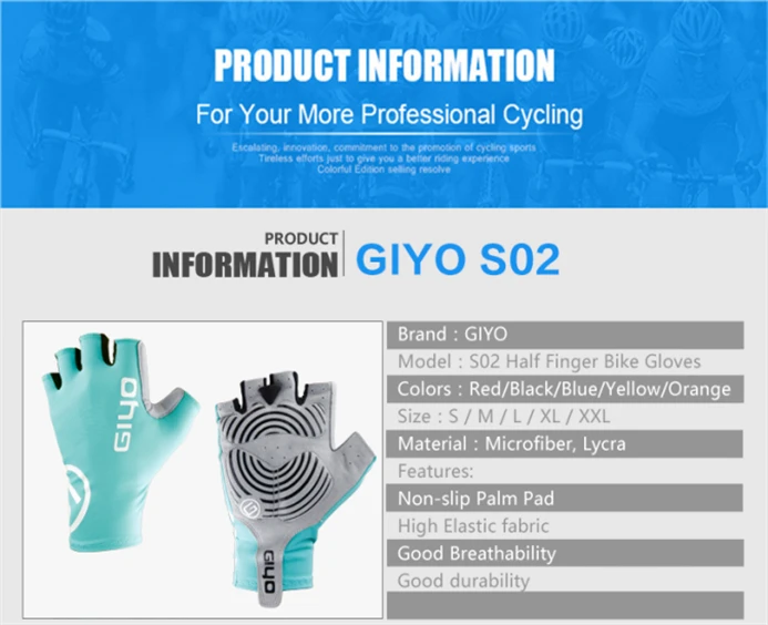 Giyo Anti Slip Gel Wind Cycling Half Finger Gloves Breathable Outdoor Lycra Fabric Mittens MTB Gloves Racing Road Bike Glove
