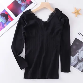 

Autumn Winter Basic Thermal Underwear Top For Women Fashion Slim Lace Trim V-neck Tops Seamless Long Sleeve Solid Color T-shirt