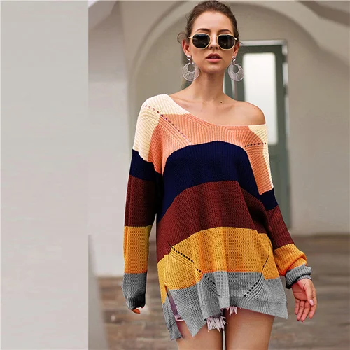 Multicolor SHEIN Радуга Полосатый Падение плеча Длинный свитер женские топы осень уличная одежда с длинным рукавом V шеи негабаритных Сплит свитера - Цвет: Multicolor
