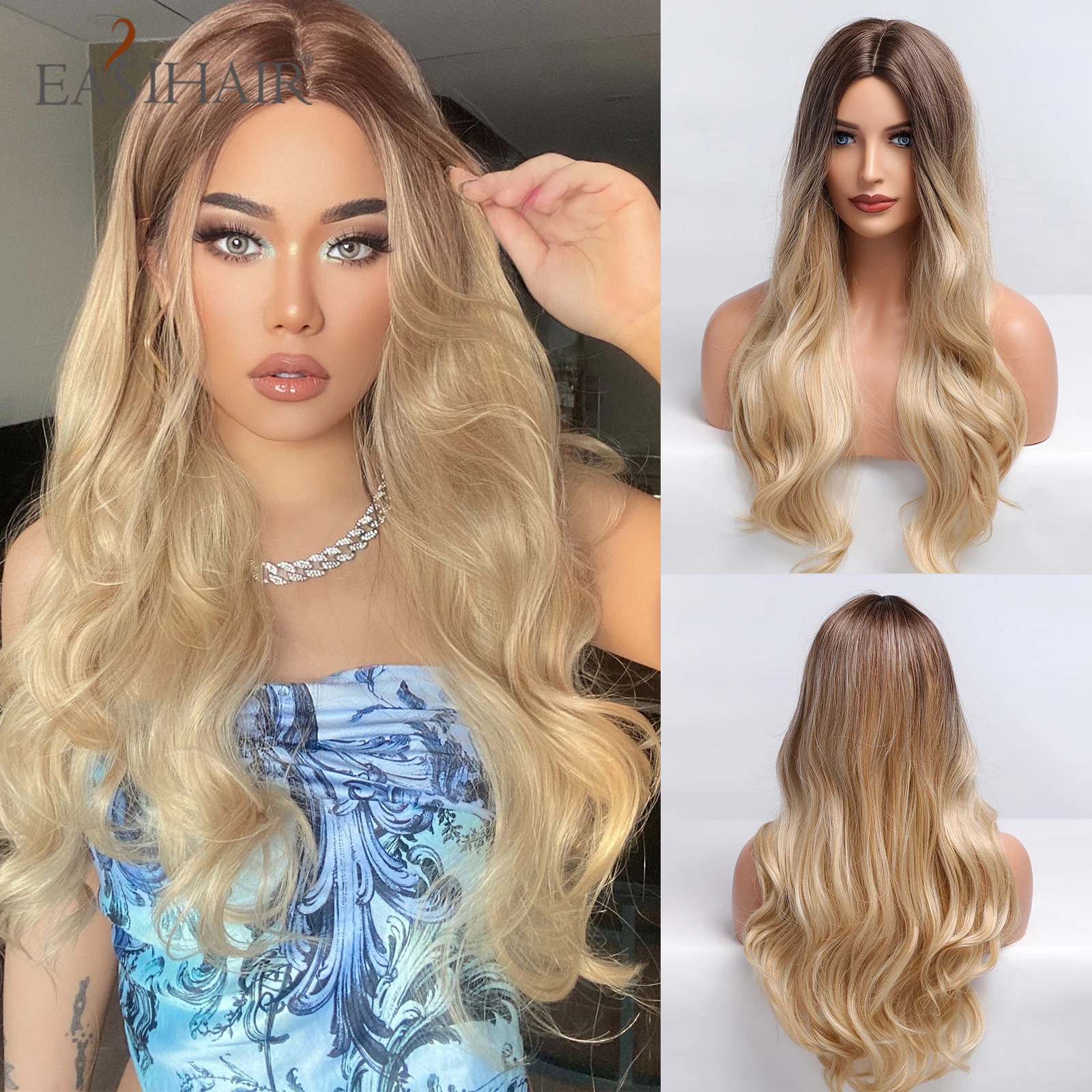 

EASIHAIR Long Golden Blonde Synthetic Wigs for Women Wavy Wigs Brown Blonde Ombre Wigs Heat Resistant Middle Part Wig Cosplay