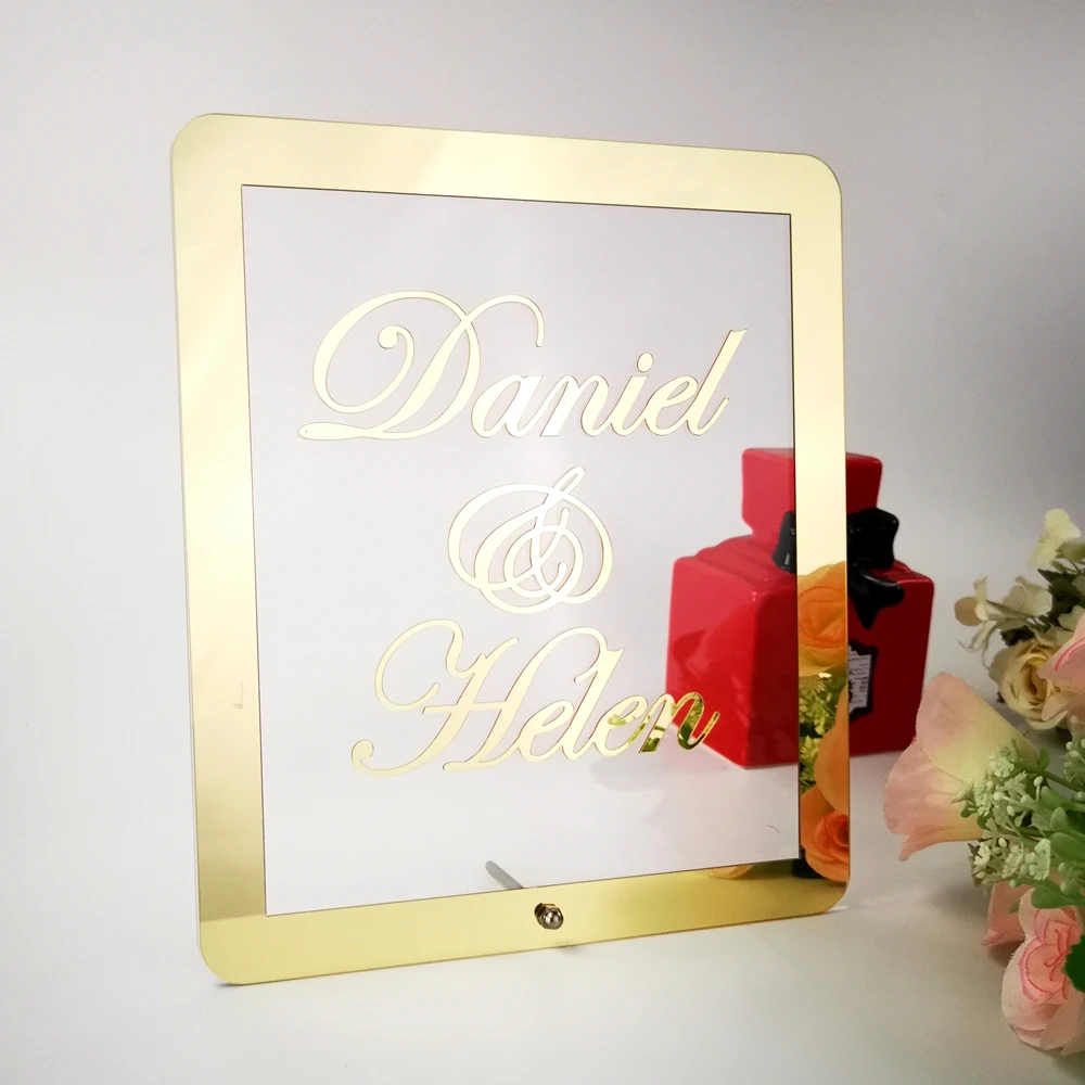 Rectangle Custom Wedding Name Mirror Frame Acrylic Sticker Babyshower Word Sign Party Table Decor With Nail Guests Favor Gift (3) 