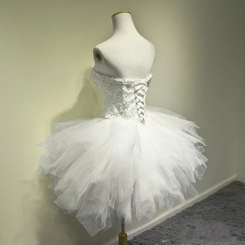 new-lovely-short-wedding-dresses-strapless-pearls-lace-tulle-mini-a-line-bridal-gowns-lace-up-ba   ck-custom-made-w910