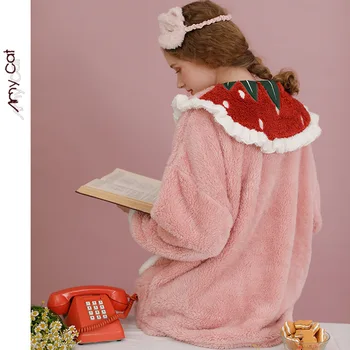 

Autumn / Winter 2020 Plush Women's Thickened Back Large Strawberry Home Wear Set Solid Pijama Pink Lingerie Casual Sleep Set