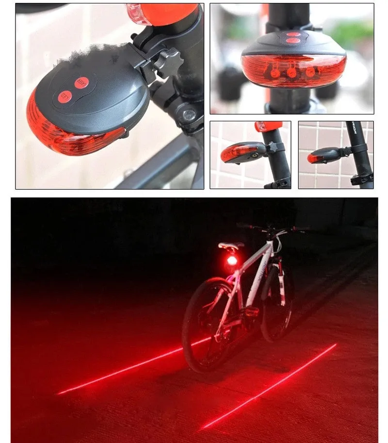 1PC Cycling Bike Light Bicycle 2 Laser Projector Red Lamps Beam and 3 LED Rear Tail Lamp Bicycle Light Safety Warning Light
