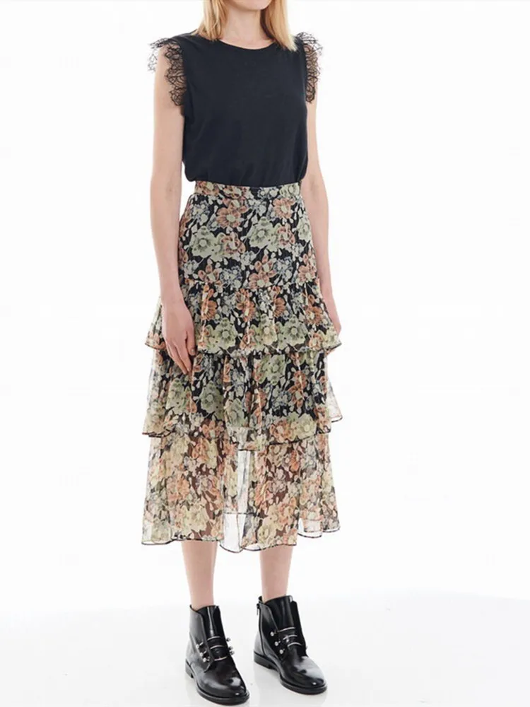 

100% Silk Chic New Women Midi Skirt Ruffle Floral printted ladies holiday sweear Long skirts female clothes