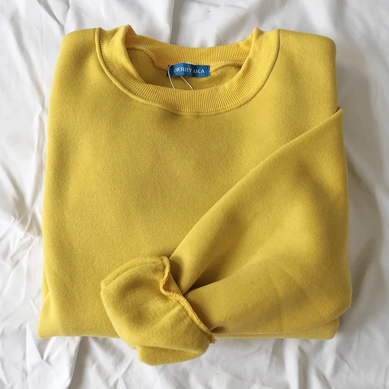 yellow Mooirue Женская толстовка Basics цвет сплошной цвет утолщение увеличение вниз свободные пуловеры 12 цветов - Цвет: yellow