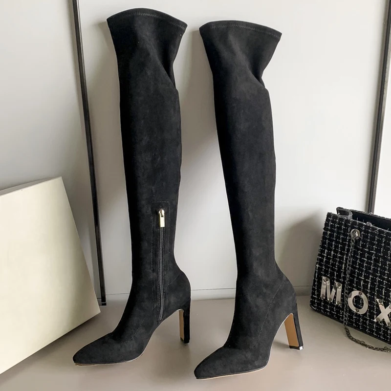 Botas largas negras aterciopeladas para mujer, zapatos de punta estrecha con cremallera, alto cuadrado, botas elásticas encima de la rodilla - AliExpress