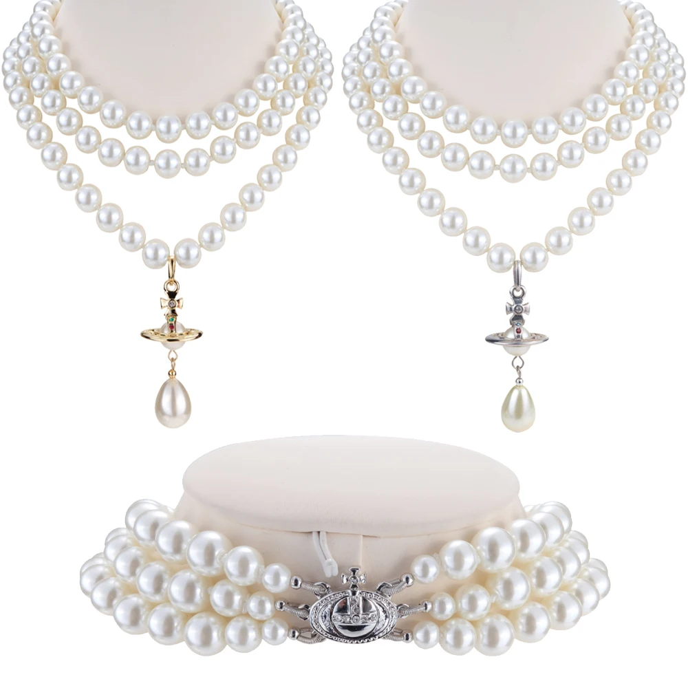 

XIAOJINGLING 3Layers Gold Silver Cross Saturn Pendant Imitated Pearl Beads Water Drop Necklace Women Girl's Planet Choker Collar
