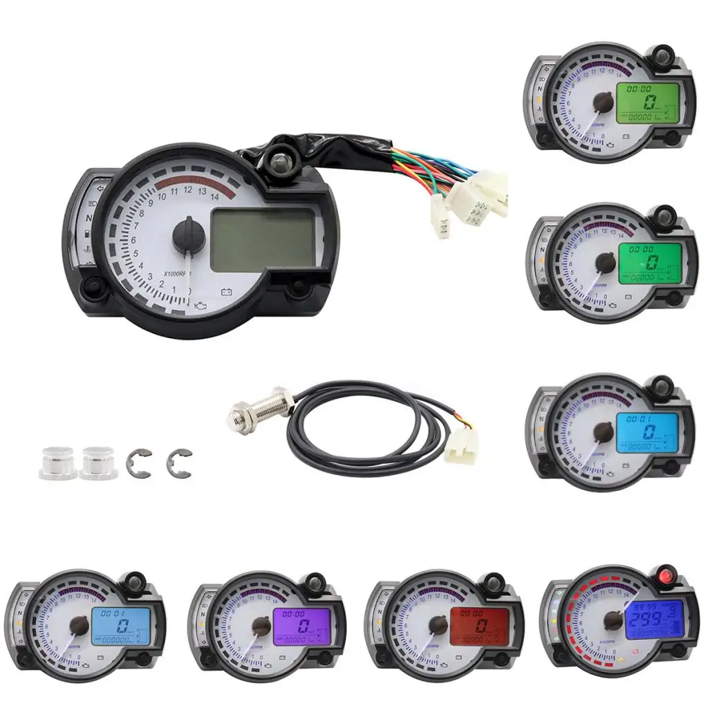 14000 RPM Universal Motorcycle Digital LCD km/h MPH Speedometer Odometer Tachometer Gauge -7 Colors Backlight