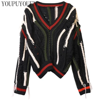 

Striped Hit Color Tassel Sweater Female Sexy Hollow Out V-neck Knit Top 2019 Autumn Winter Pullover Knitted Jumper Knitwear