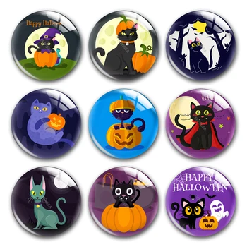 

Handmade Halloween party cat pumpkin Round photo glass cabochons demo flat back DIY collier jewlery Making findings accessory