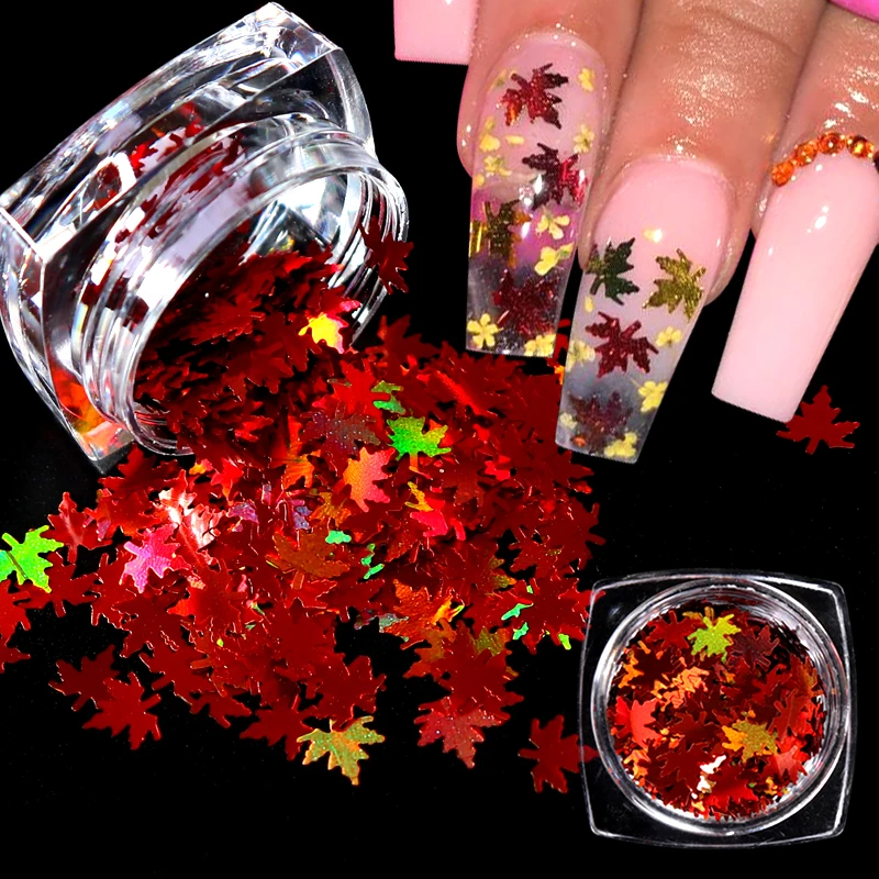 

1 Box Holographic Laser Nail Glitter Fall Leaves Shape Chameleon Sequins Flakes Maple Leaf Tool Nail Art Decoration Manicure