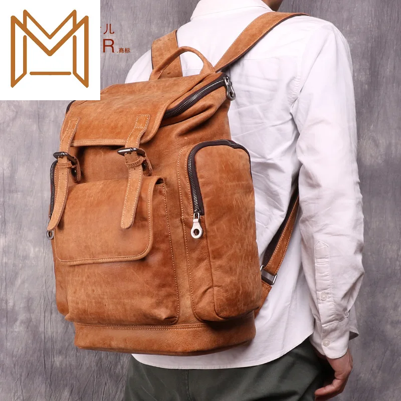 

Wind Man Both Shoulders Layer Cowhide Luggage Package Backpack Matting Skin Male Package Capacity Genuine Leather
