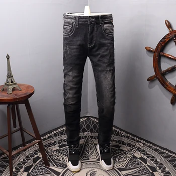 

Italian Style Fashion Men Jeans Black Color Slim Fit Ripped Jeans Men High Quality White Washed Classical Vintage Designer Jeans