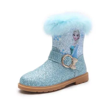 

Disney Winter Girls Boots Students Velvet Elsa Princess Leather Boots Crystal Little Big Kids Warm Shoes Children Snow Boots