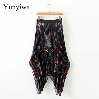 

New Women Vintage Elastic High Waist Chain Print Pleated Midi Skirt Faldas Mujer Ladies Asymmetrical Casual Chic Skirts