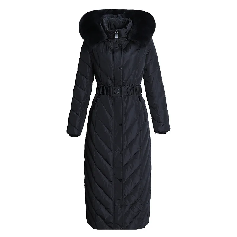 Удлиненный пуховик с натуральным лисьим меховым воротником, зимние парки для женщин, пуховые пальто с капюшоном, женские зимние пальто, большие размеры S-4xl