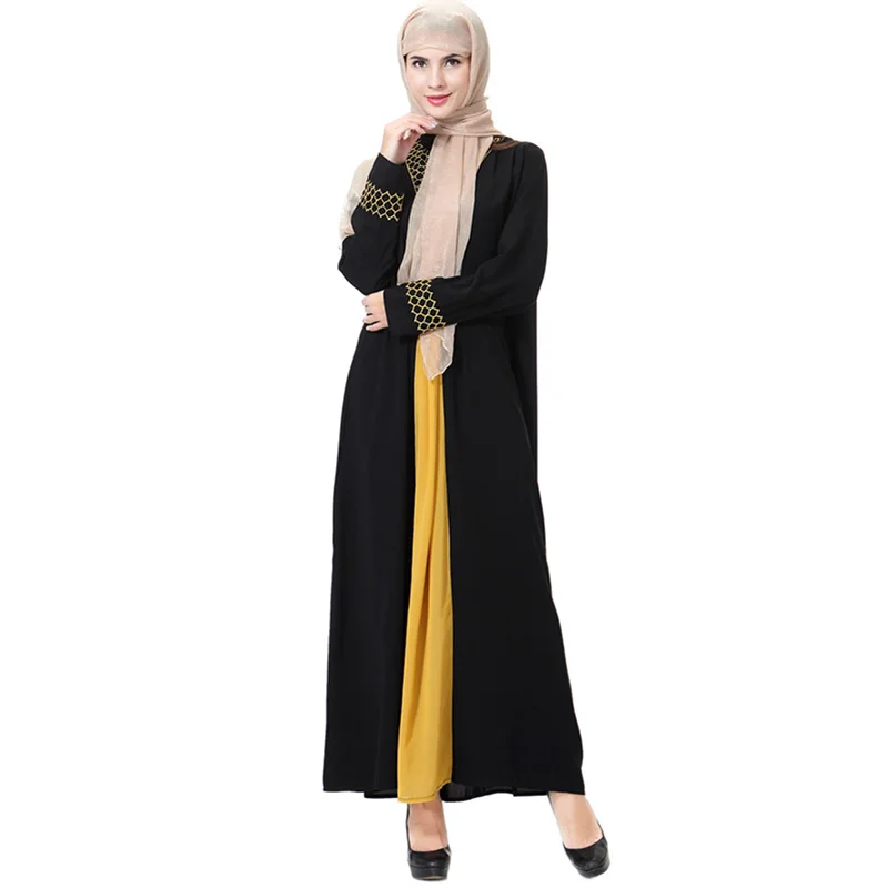 

Muslim Arab Ramadan Lady Robe Islamic Embroidery Round Neck Saudi National Style Long Skirt Multicolor Long Sleeve Dress Abaya
