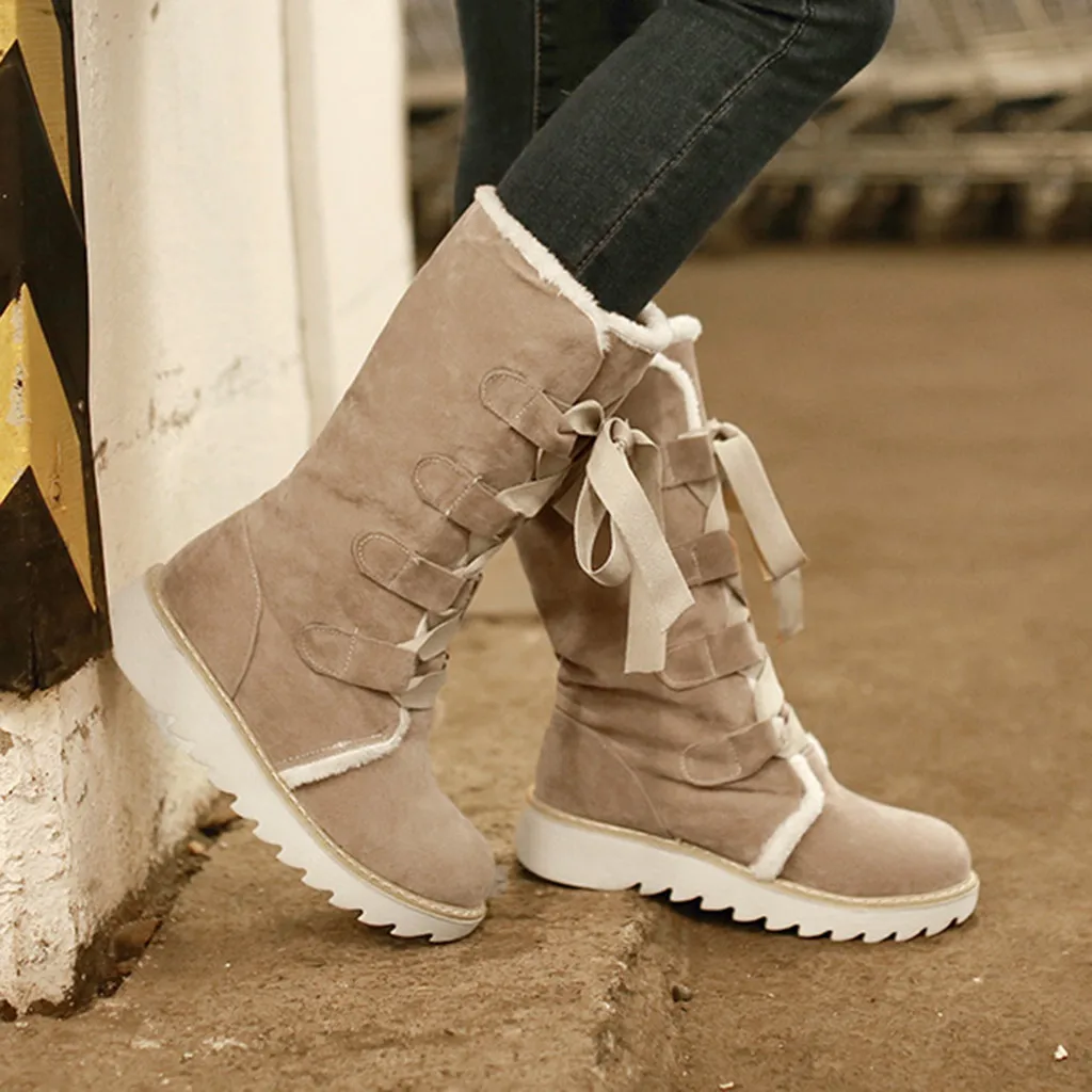 Women Over The Knee Boots Leopard Print Winter Plush Fur Platform Boots Round Toe Lace-up Flat Vintage Plus Size Snow Boots