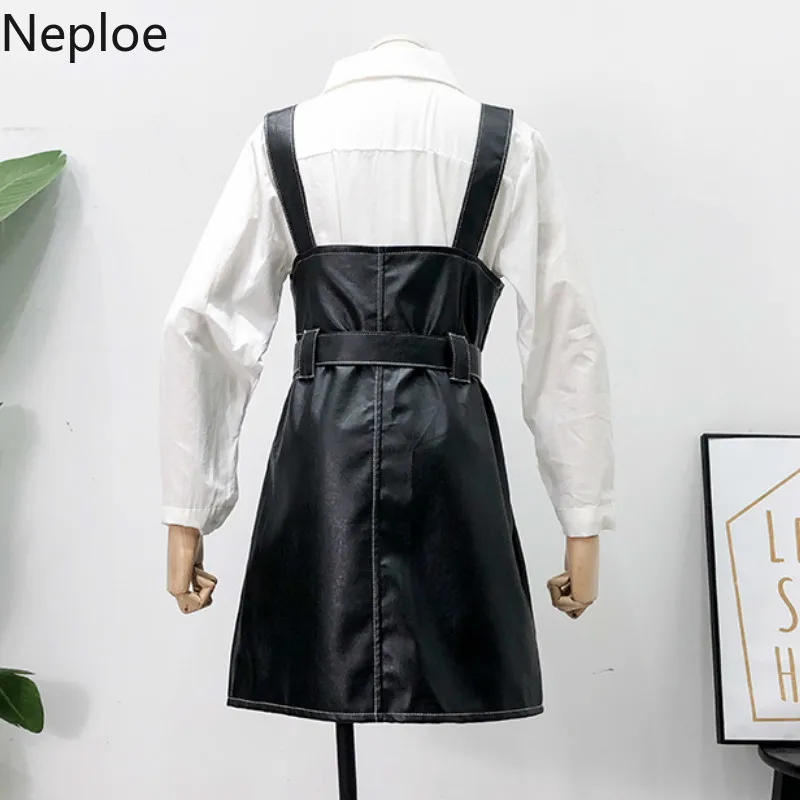 Neploe отложной воротник с длинным рукавом белая свободная нижняя рубашка+ тонкий ждать шнуровке карман кожаная юбка мода 2 шт Женский комплект