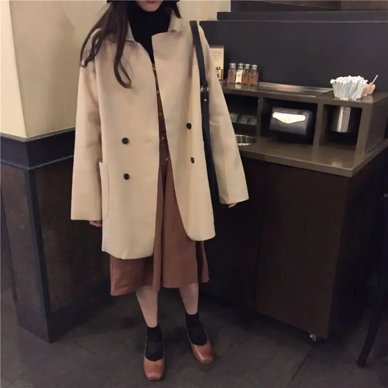 Осень зима корейское Женское шерстяное пальто 3 цвета на выбор Harajuku Свободная Женская куртка - Цвет: 2