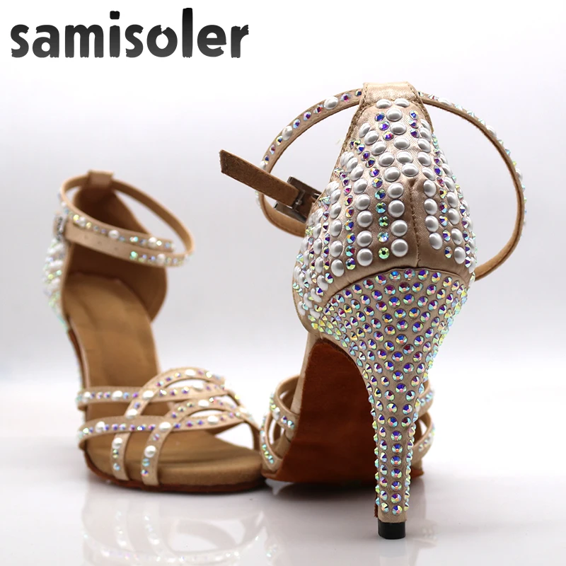 Samisoler/Новинка; блестящие туфли для латинских танцев со стразами; Женская атласная танцевальная обувь для сальсы; женские бальные туфли для