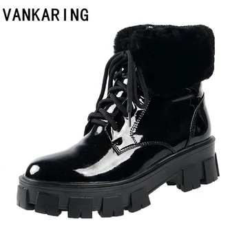 

black genuine leather ankle boots for women lace up platform snow winter boots woman warm plush boots street style casual shoes