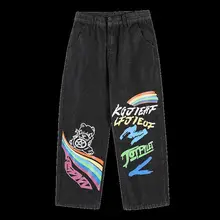 

2021 Fashion Individuality Graffiti Jean Men 2021 Straight Stripe Denim Pant Bule/Black Man Hip hop Streetwear Trouser