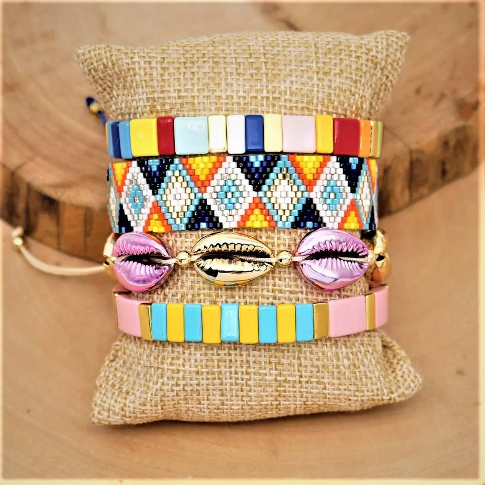 Boho Pulseras Mujer Moda MIYUKI Радужный Браслет, ювелирные изделия, эмалированные плитки, браслеты для женщин, Boho Chic, многоцветная повязка на руку, подарок - Окраска металла: Sets