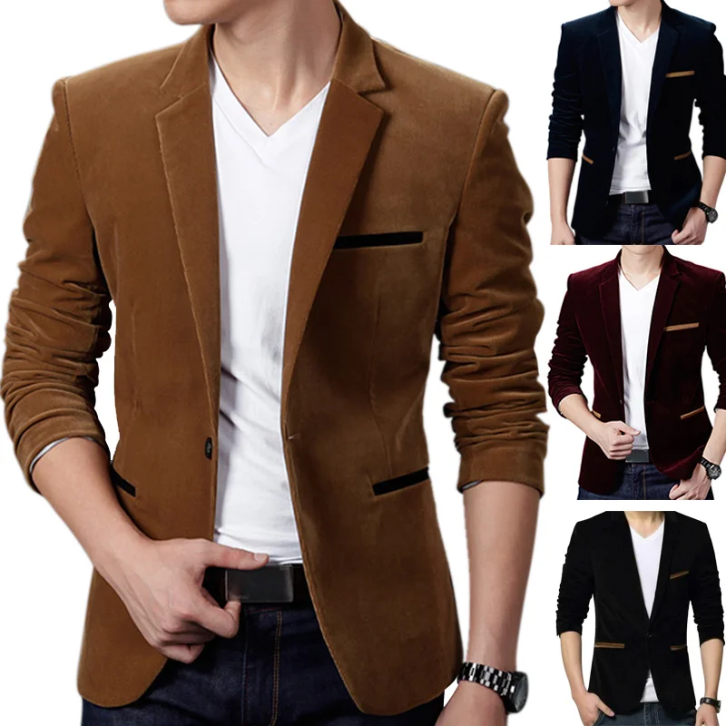 Lanceyy Blazer Hombres Hombre Velvet Style Formal Un Botón Simple Estilo Bolsillo Blazer Y Traje