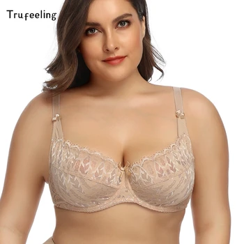 

Trufeeling Lace Unlined Minimizer Bras for Women Sexy Perspective Lingerie Intimates Underwear Underwired Plus Size D DD E Cup