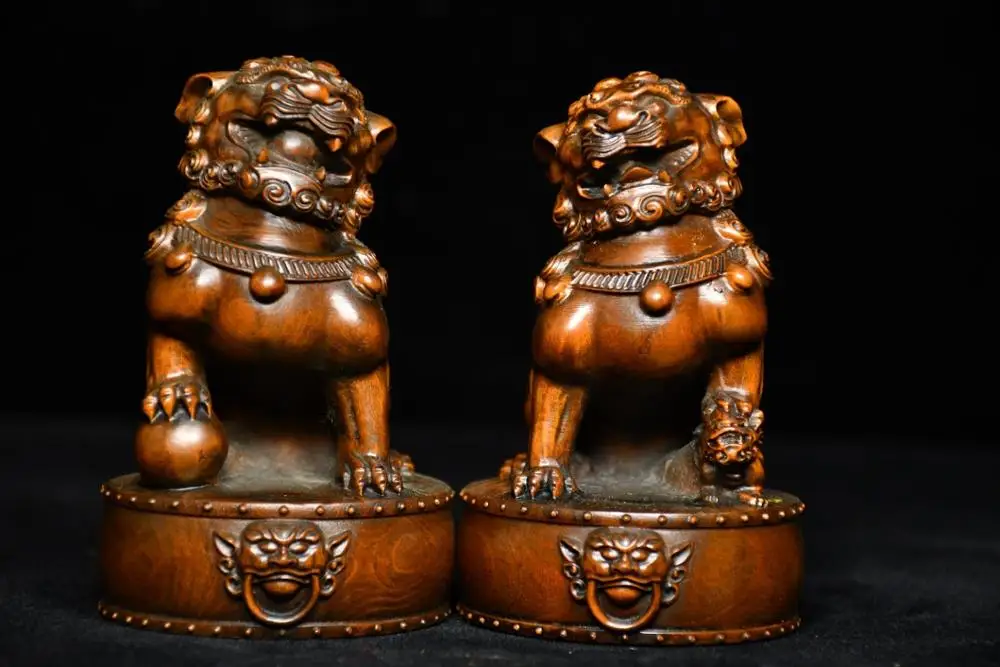 

4" China Lucky Seikos Boxwood Lion statue A pair of lions Poodle Unicorn statue A pair of guard lions