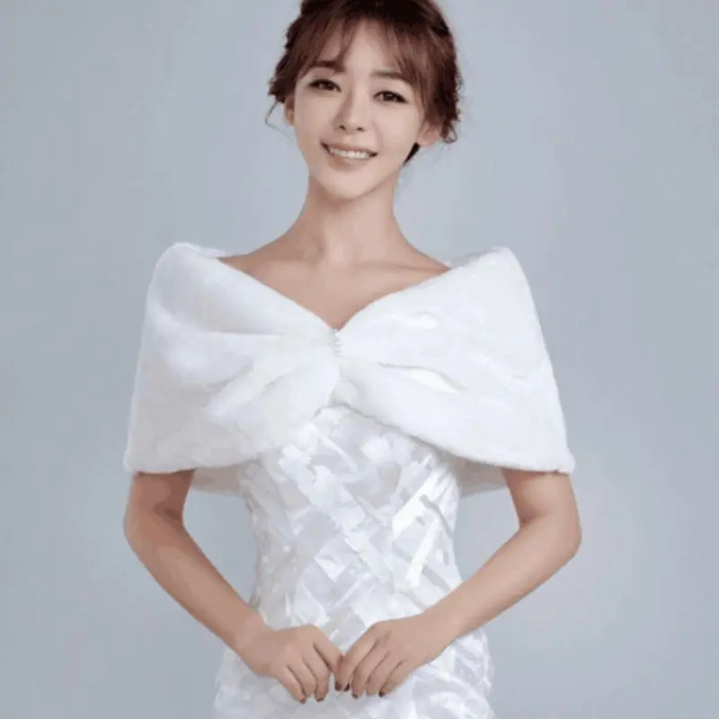 

Womens Winter Plush Sexy Off Shoulder Shawl Wraps Pleated Knot Front Bridal Wedding Warm Shrug Cape with Imitation Pearl Buckle