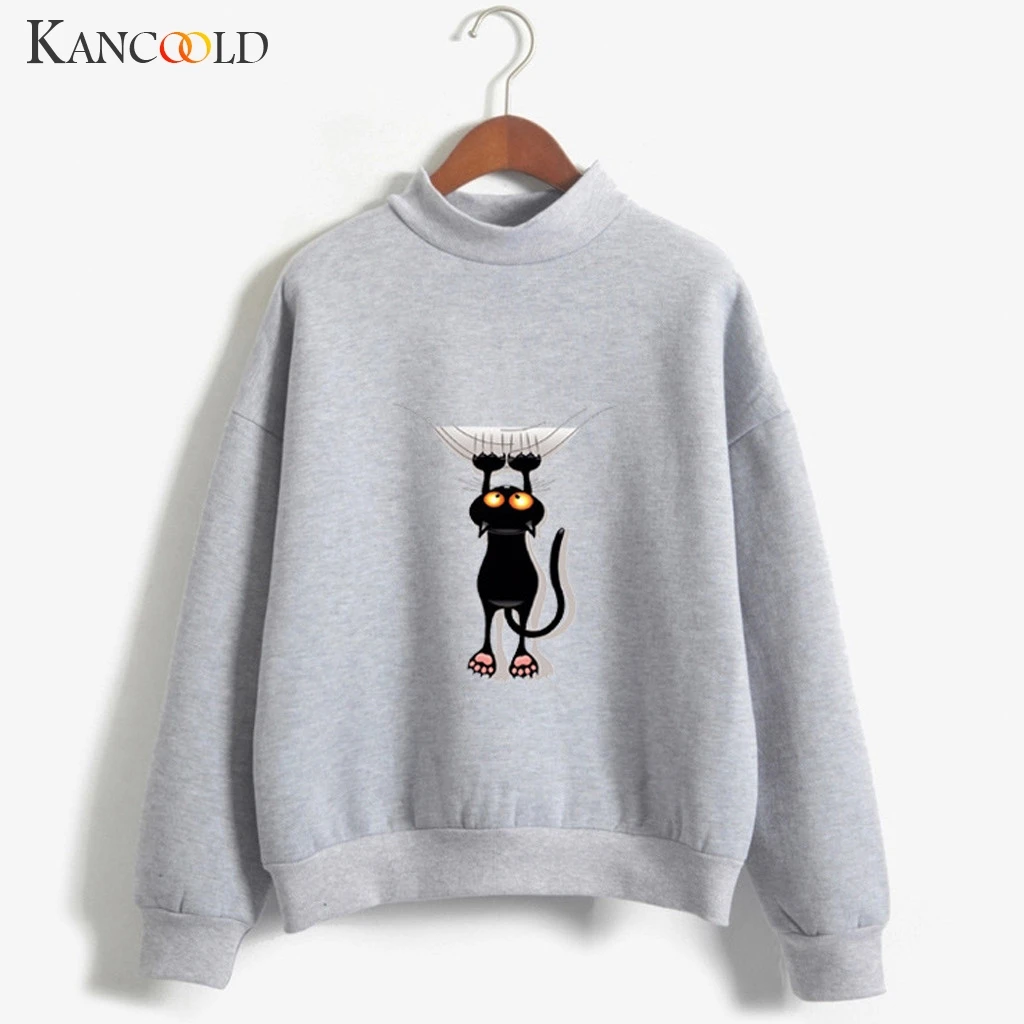 

KANCOOLD Sweatshirt O-Neck Solid Color Cat Pattern Long Sleeve Plus Velvet Sweatshirt Character new sweatshirt women 2019AUG16