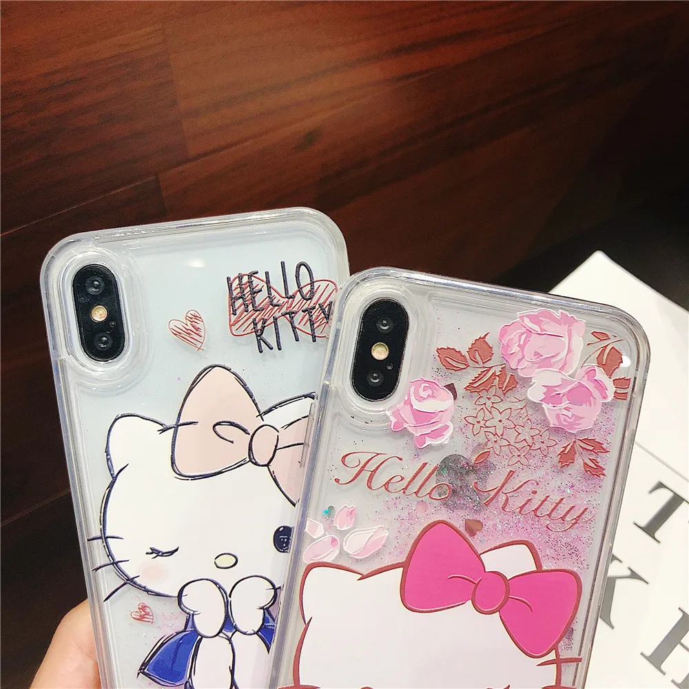 Аниме милый Hello kitty Блестящий зыбучий песок ТПУ чехол для телефона для iPhone 11 Pro 6s 7 8 Plus X XR XS MAX блестящий чехол