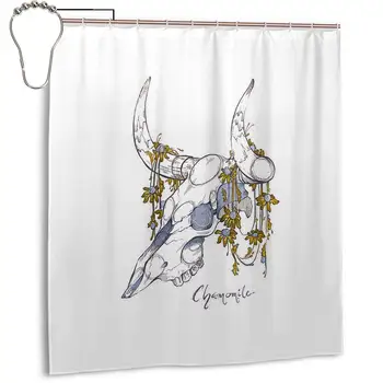 

MorbidiTea - Chamomile with Bison Skull Shower Curtain Panel 66x72 Inch Metal Hooks 12 Pack Extra Long Black Geometric Decor