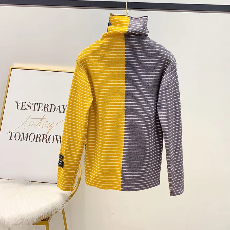 Женский свитер в желтую полоску, новинка, топы, футболки, с буквенным принтом, с полосками, водолазка, с длинным рукавом, вязаная футболка, Женский Топ, пуловер