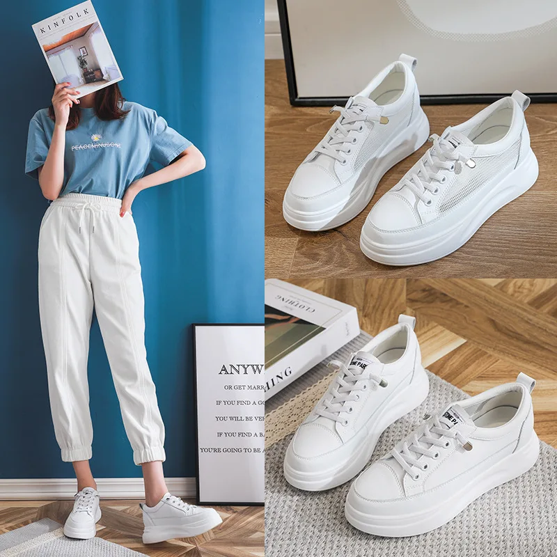 Fashion White Breathable Net Sneakers Women Low-Heel Flat Platform Ladies Lace-Up Fashion White Shoes Zapatos De Mujer Zapatos 3