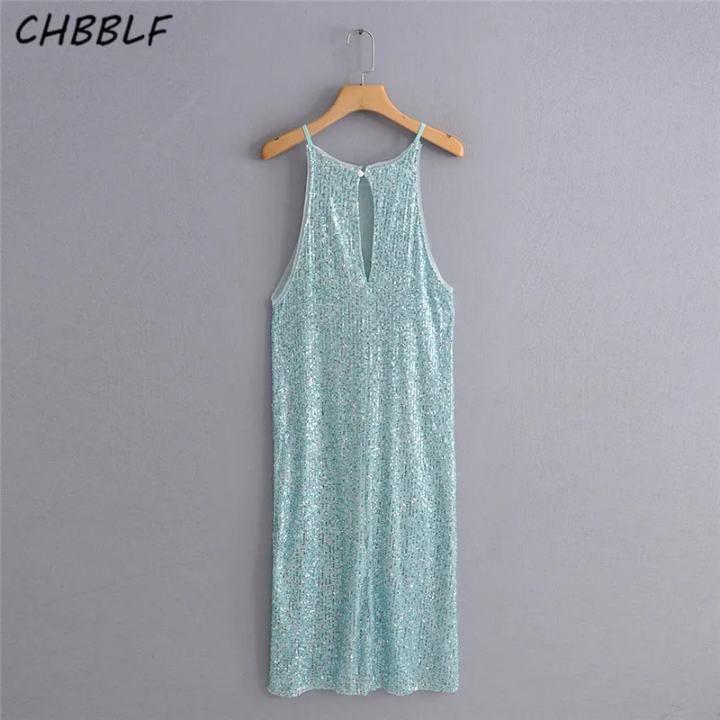 CHBBLF women sexy sleeveless sequined dress side split design female party dresses vestidos ZSZ389