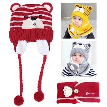 

Baby Kid Winter Knitted Earmuffs Beanie Cap Scarf Set Children Cartoon Bear Hat S7JN