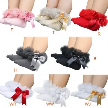 

2019 Infant Toddler Baby Socks Fashion Baby Girl Solid Color Bowknot Cotton Tulle Princess Ruffle Frilly Trim Ankle Socks
