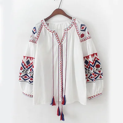 Блузка с цветочной вышивкой, топ, осенняя, длинный рукав, с кисточками, с завязками, хиппи, бохо, шикарный стиль, хлопок, Этнические женские рубашки - Цвет: white