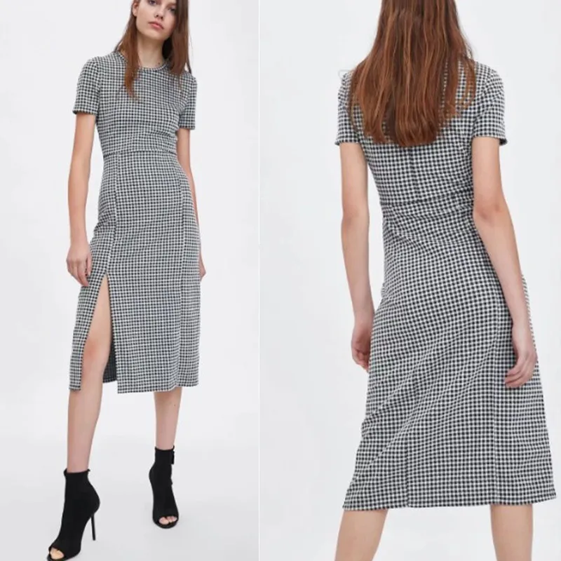

Plaid Ladies' Crew Neck Charade Backless Mid-length Elegant Slim Dress 2019 Summer New Style