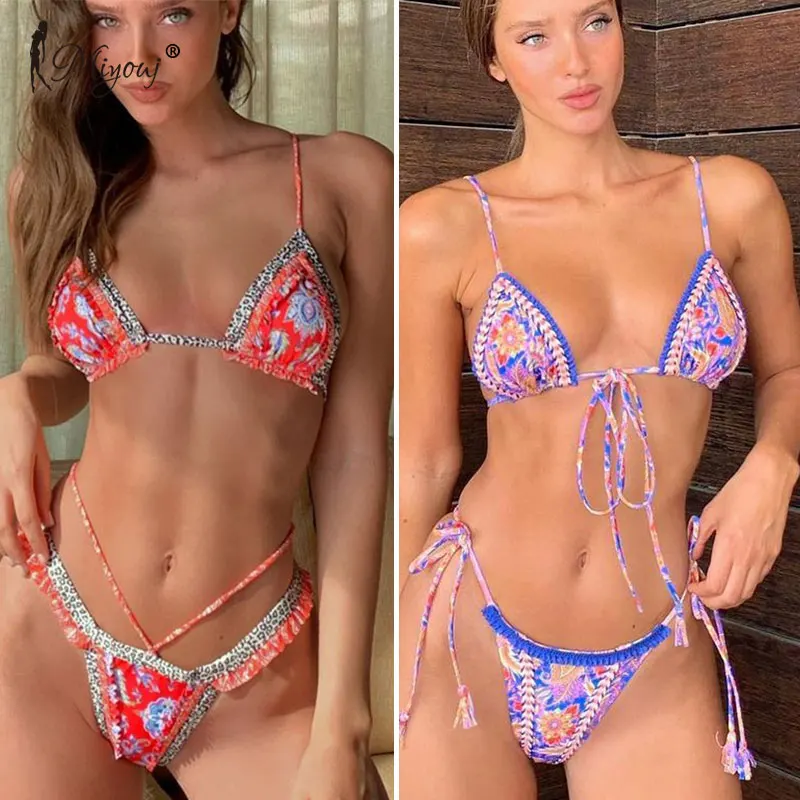 Miyouj- Conjunto de bikini clásico con boleros para mujer, traje de baño estilo vintage con boleros, de corte alto, estampado a mano, 2020